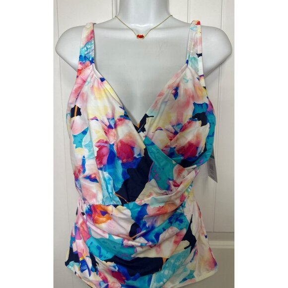 Maxine Shirred‎ Surplice One Piece Swimsuit Illusion Blossoms, Size 16 - Picture 4 of 14